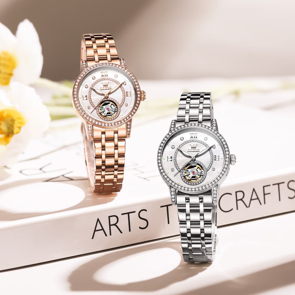 OLEVS 7036 Open Heart Automatic Watch For Women - Silver Mother of Pearl Watch | Olevs Watch Store