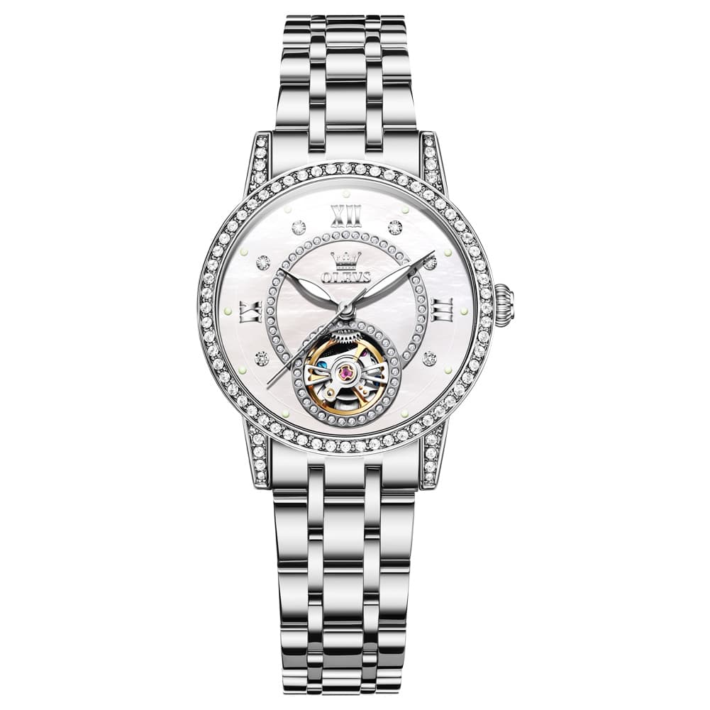OLEVS 7036 Open Heart Automatic Watch For Women - Silver Mother of Pearl Watch | Olevs Watch Store