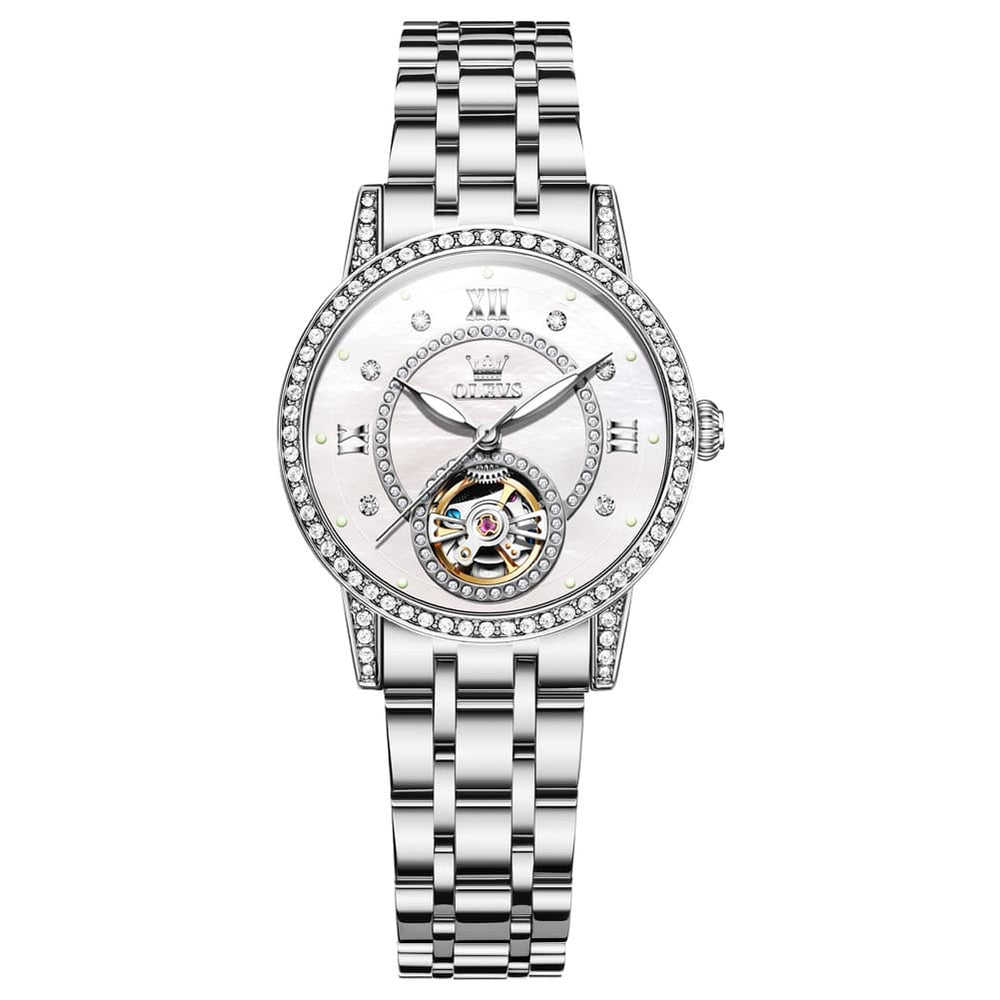 OLEVS 7036 Open Heart Automatic Watch For Women - Silver Mother of Pearl Watch | Olevs Watch Store