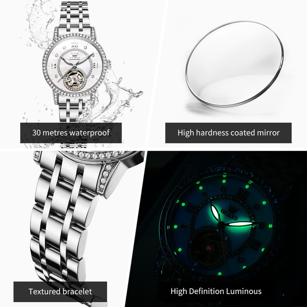 OLEVS 7036 Open Heart Automatic Watch For Women - Silver Mother of Pearl Watch | Olevs Watch Store