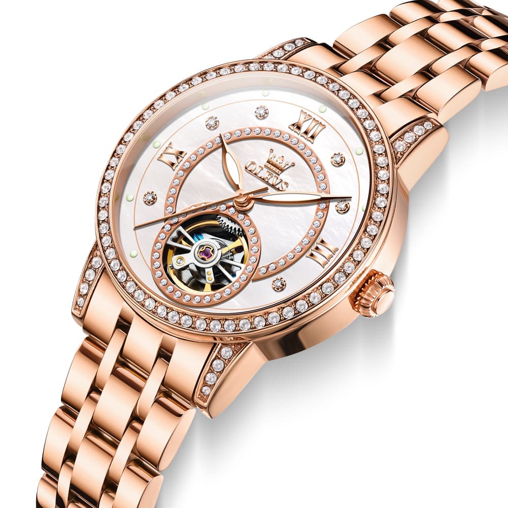 OLEVS 7036 Open Heart Automatic Watch For Women - Silver Mother of Pearl Watch | Olevs Watch Store