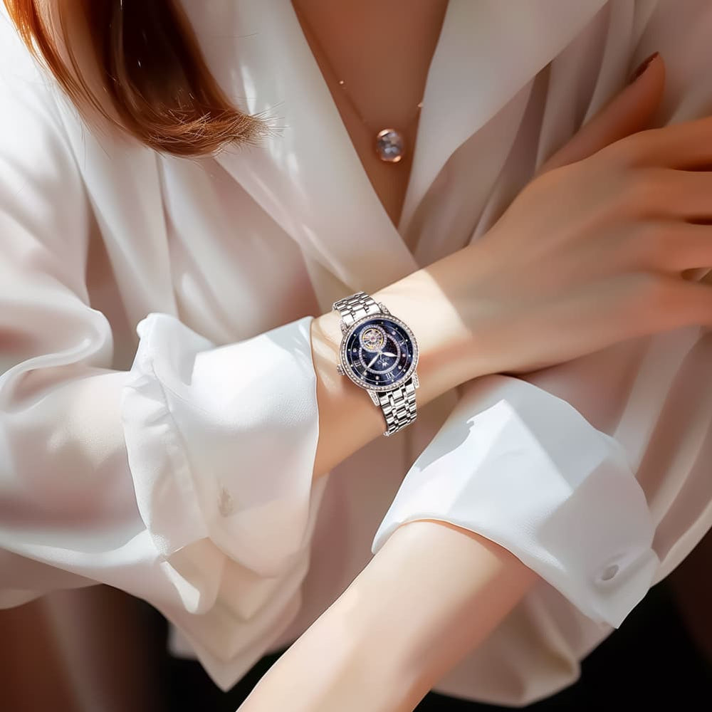 OLEVS 7036 Open Heart Automatic Watch For Women - Silver Mother of Pearl Watch | Olevs Watch Store