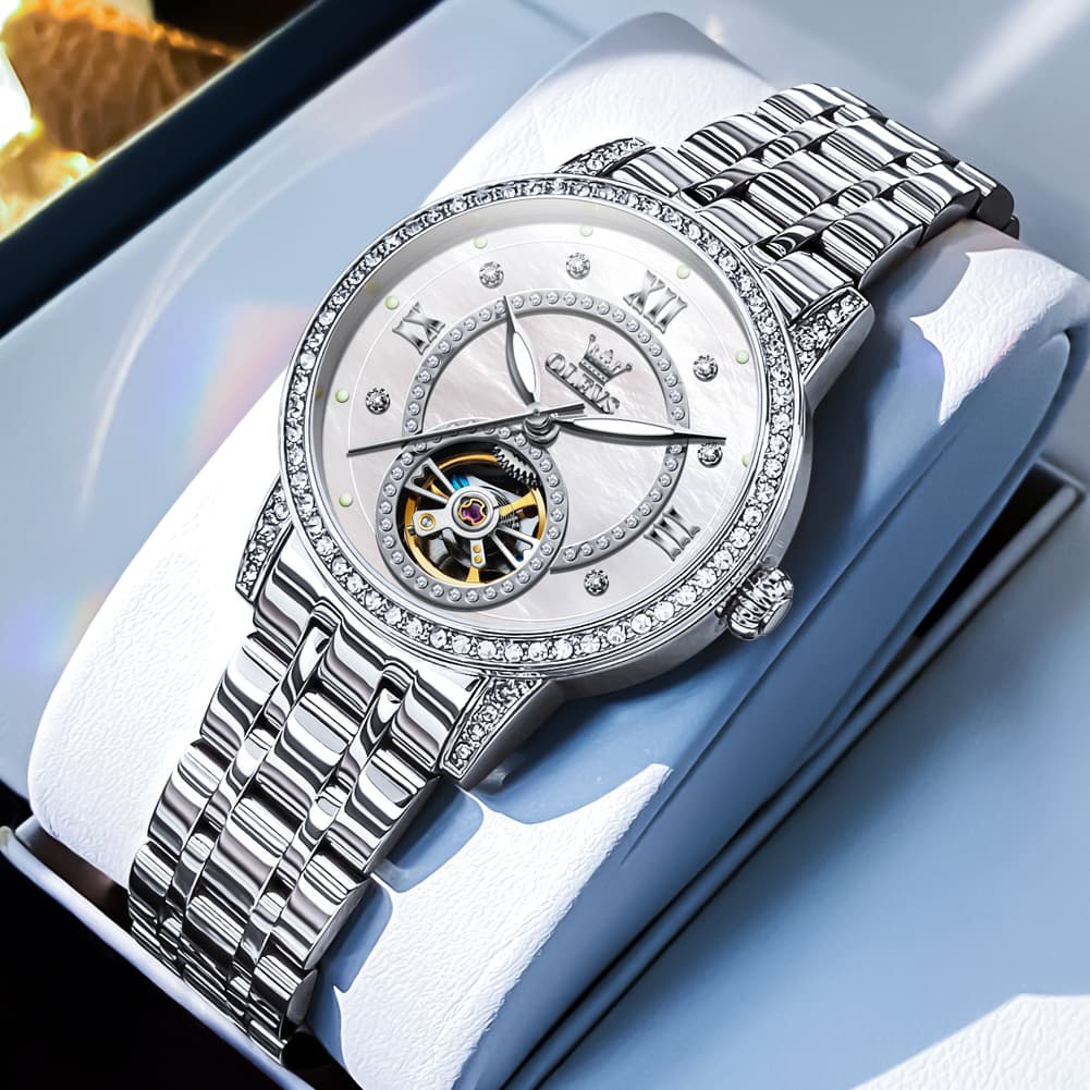OLEVS 7036 Open Heart Automatic Watch For Women - Silver Mother of Pearl Watch | Olevs Watch Store