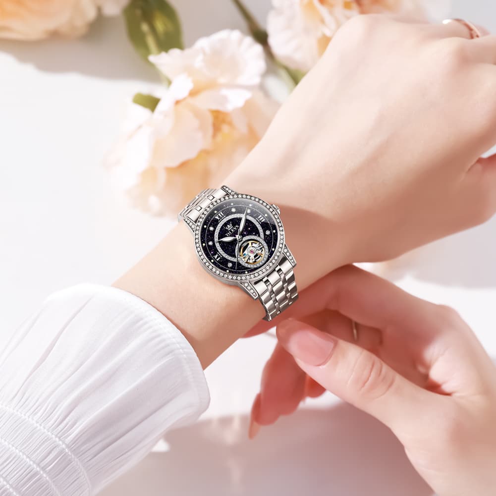 OLEVS 7036 Open Heart Automatic Watch For Women - Silver Mother of Pearl Watch | Olevs Watch Store