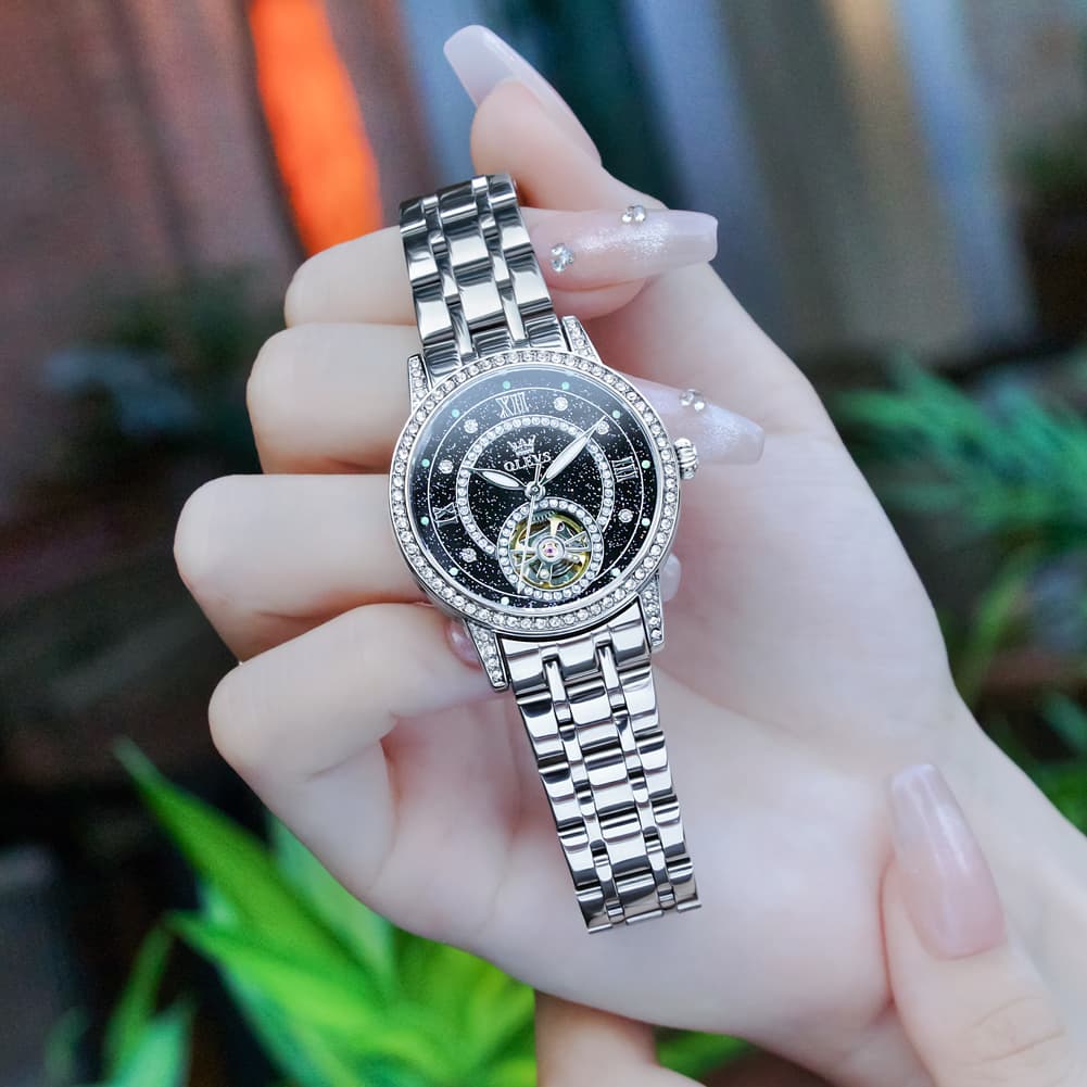 OLEVS 7036 Open Heart Automatic Watch For Women - Silver Mother of Pearl Watch | Olevs Watch Store