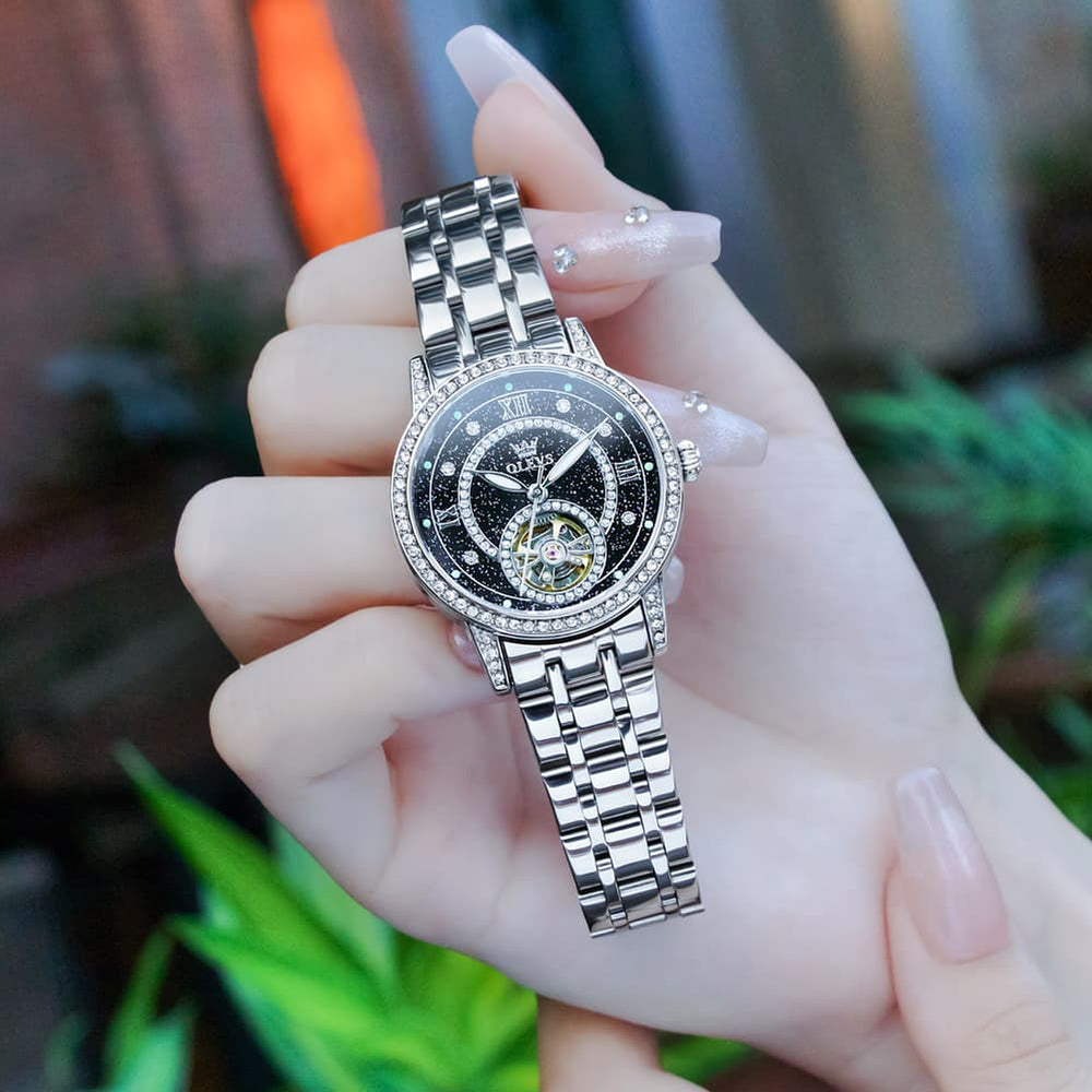 OLEVS 7036 Open Heart Automatic Watch For Women - Silver Mother of Pearl Watch | Olevs Watch Store