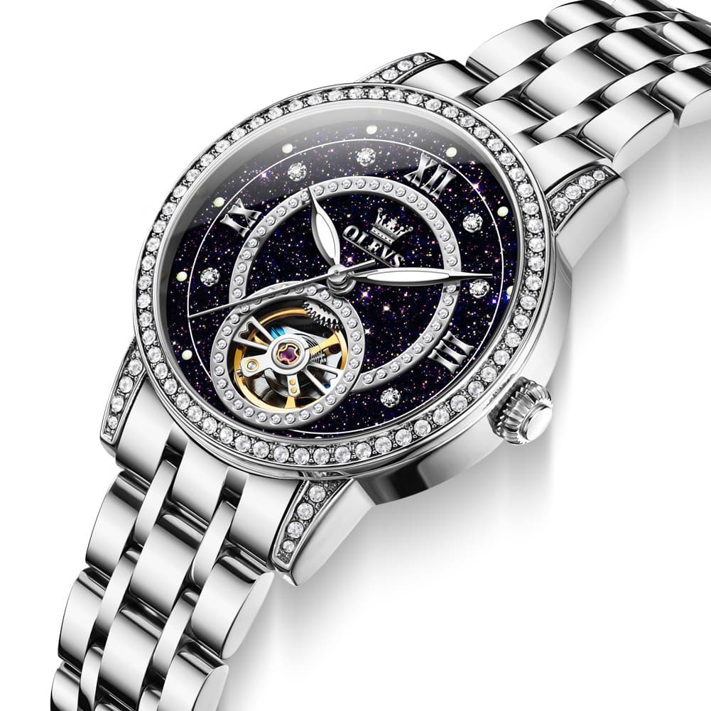 OLEVS 7036 Open Heart Automatic Watch For Women - Silver Mother of Pearl Watch | Olevs Watch Store
