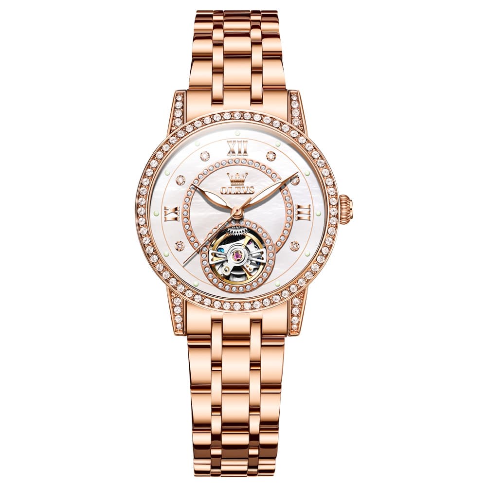 OLEVS 7036 Open Heart Automatic Watch For Women - Silver Mother of Pearl Watch | Olevs Watch Store
