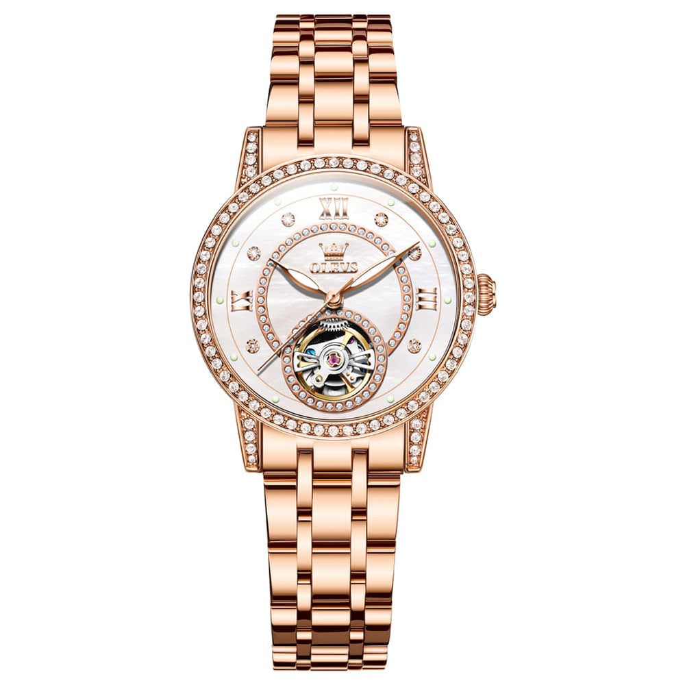 OLEVS 7036 Open Heart Automatic Watch For Women - Silver Mother of Pearl Watch | Olevs Watch Store