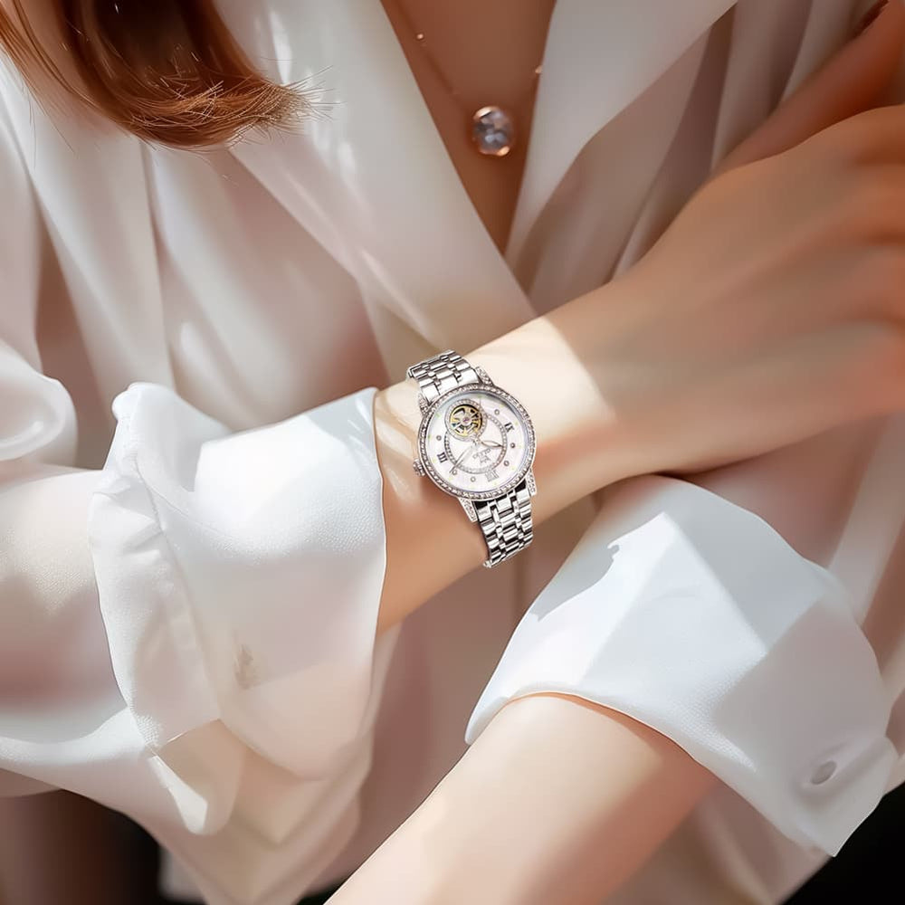 OLEVS 7036 Open Heart Automatic Watch For Women - Silver Mother of Pearl Watch | Olevs Watch Store