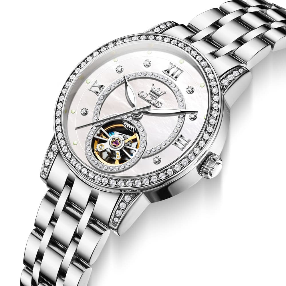 OLEVS 7036 Open Heart Automatic Watch For Women - Silver Mother of Pearl Watch | Olevs Watch Store