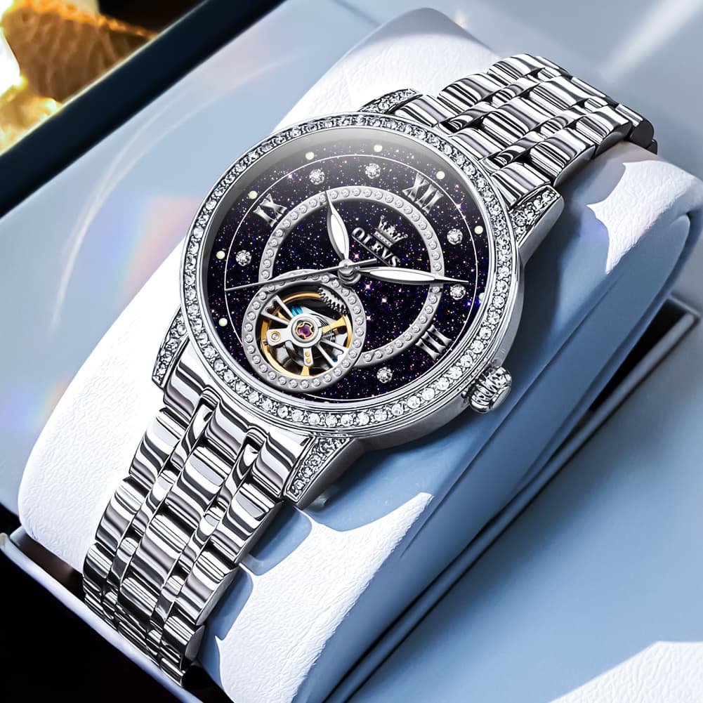 OLEVS 7036 Open Heart Automatic Watch For Women - Silver Starry Sky Watch | Olevs Watch Store