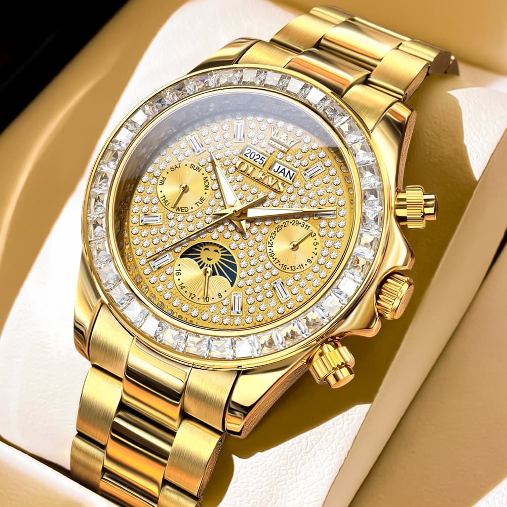 OLEVS 7038 Luxury Diamond Moon Phase Mechanical Watch For Men - All Gold Watch | Olevs Watch Store