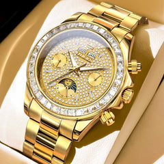 OLEVS 7038 Luxury Diamond Moon Phase Mechanical Watch For Men - All Gold Watch | Olevs Watch Store