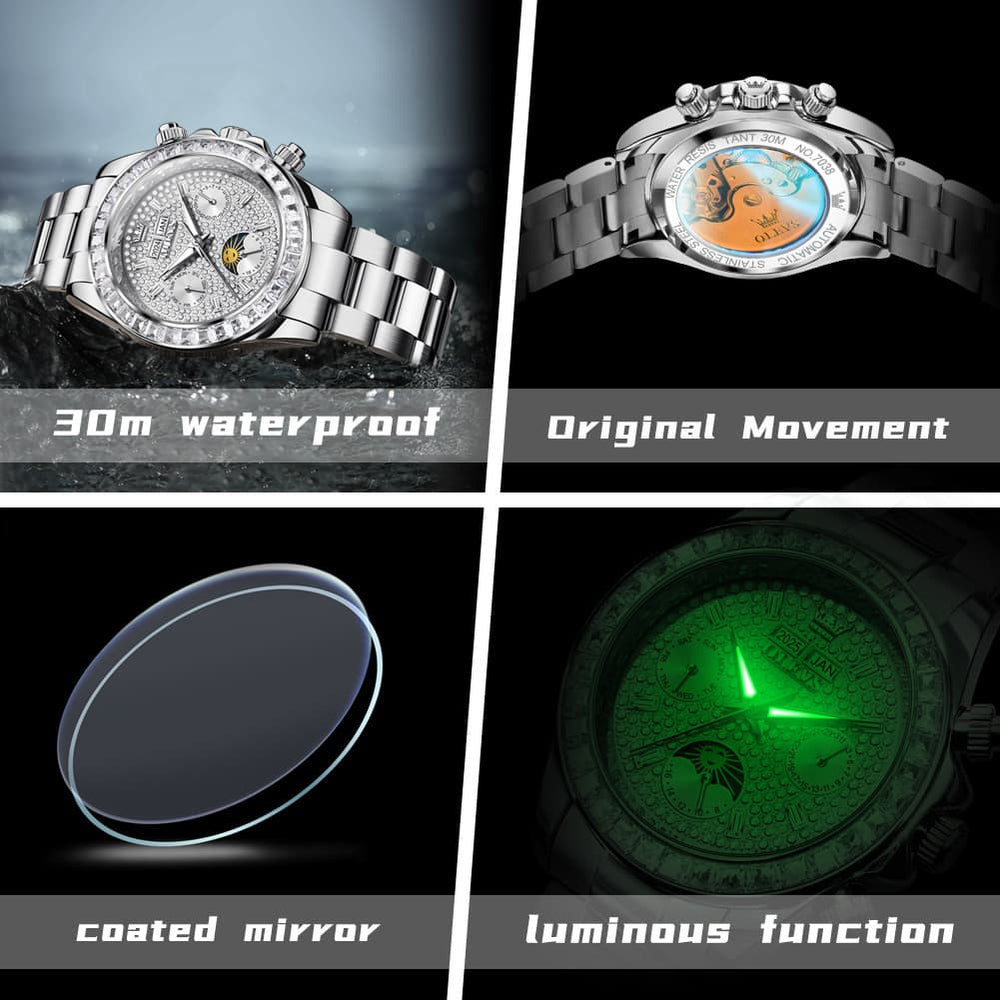 OLEVS 7038 Luxury Diamond Moon Phase Mechanical Watch For Men - All Silver Watch | Olevs Watch Store