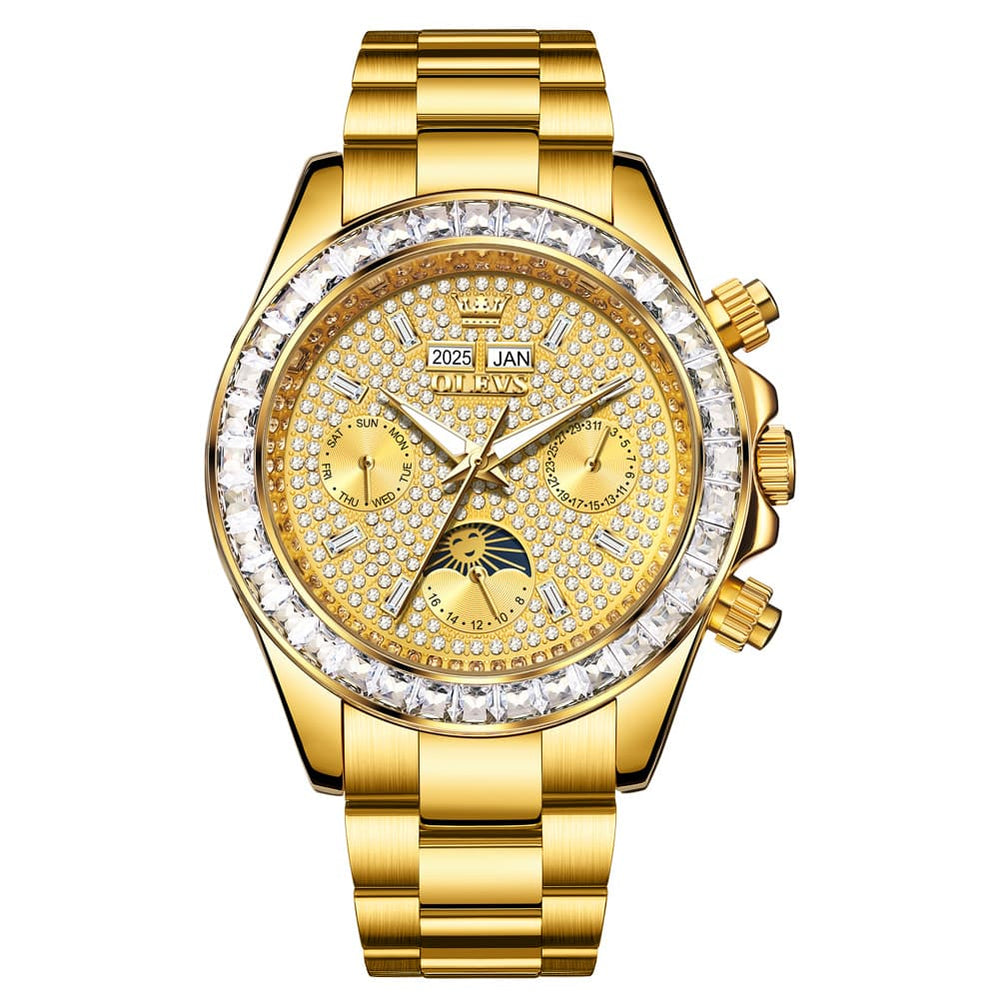 OLEVS 7038 Luxury Diamond Moon Phase Mechanical Watch For Men - All Silver Watch | Olevs Watch Store