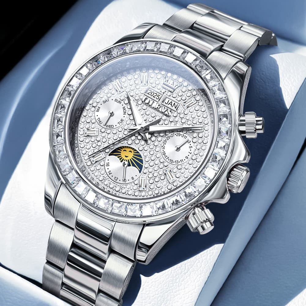 OLEVS 7038 Luxury Diamond Moon Phase Mechanical Watch For Men - All Silver Watch | Olevs Watch Store