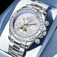 OLEVS 7038 Luxury Diamond Moon Phase Mechanical Watch For Men - All Silver Watch | Olevs Watch Store