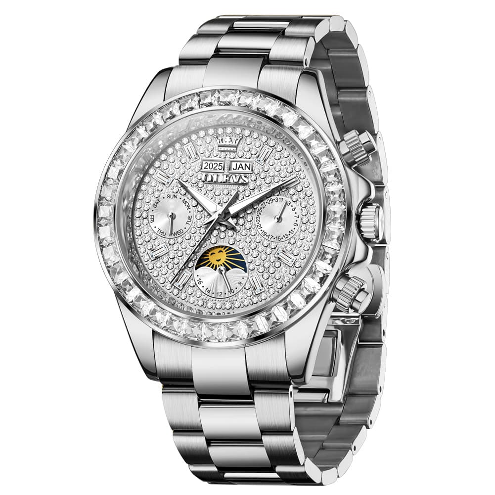 OLEVS 7038 Luxury Diamond Moon Phase Mechanical Watch For Men - All Silver Watch | Olevs Watch Store