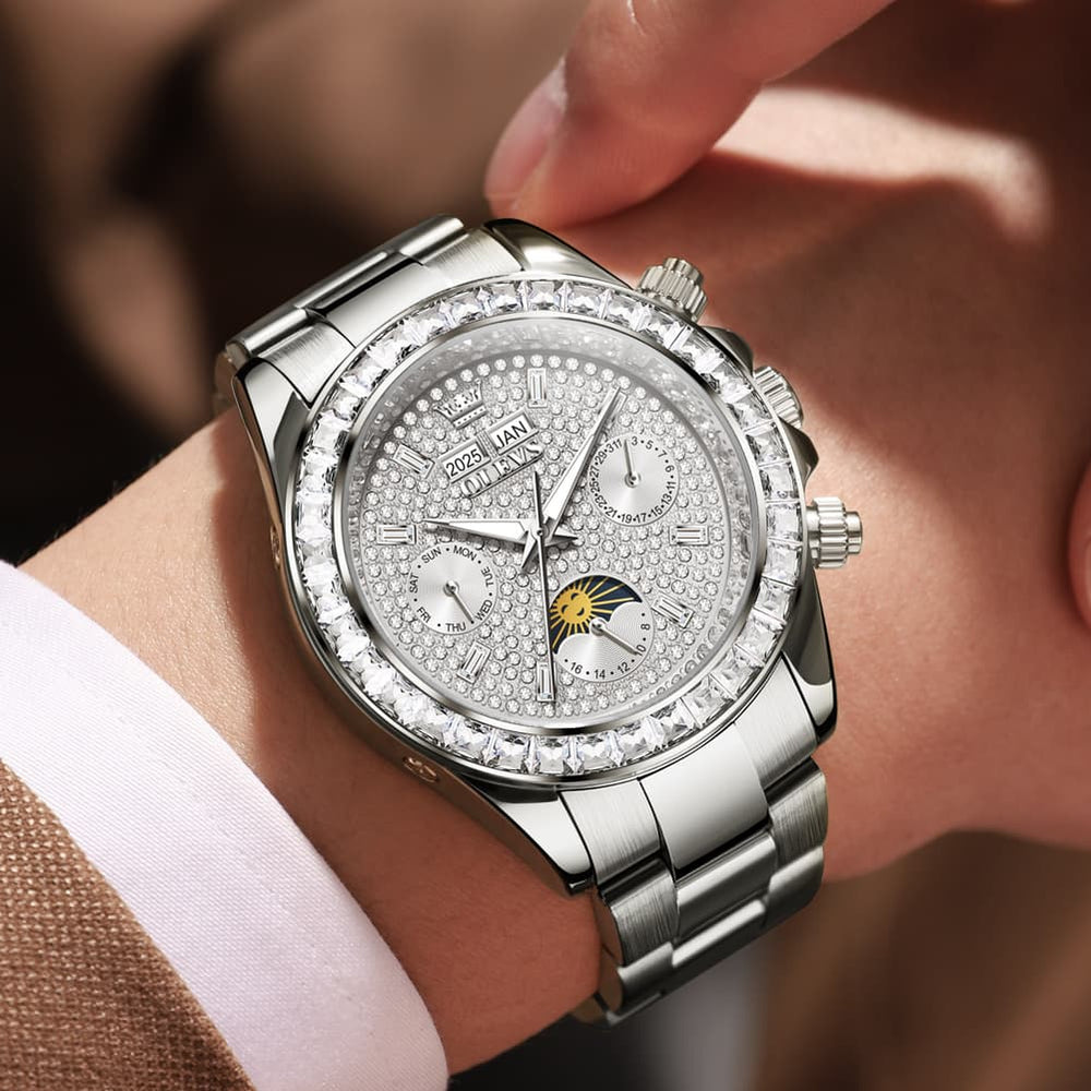 OLEVS 7038 Luxury Diamond Moon Phase Mechanical Watch For Men - All Silver Watch | Olevs Watch Store