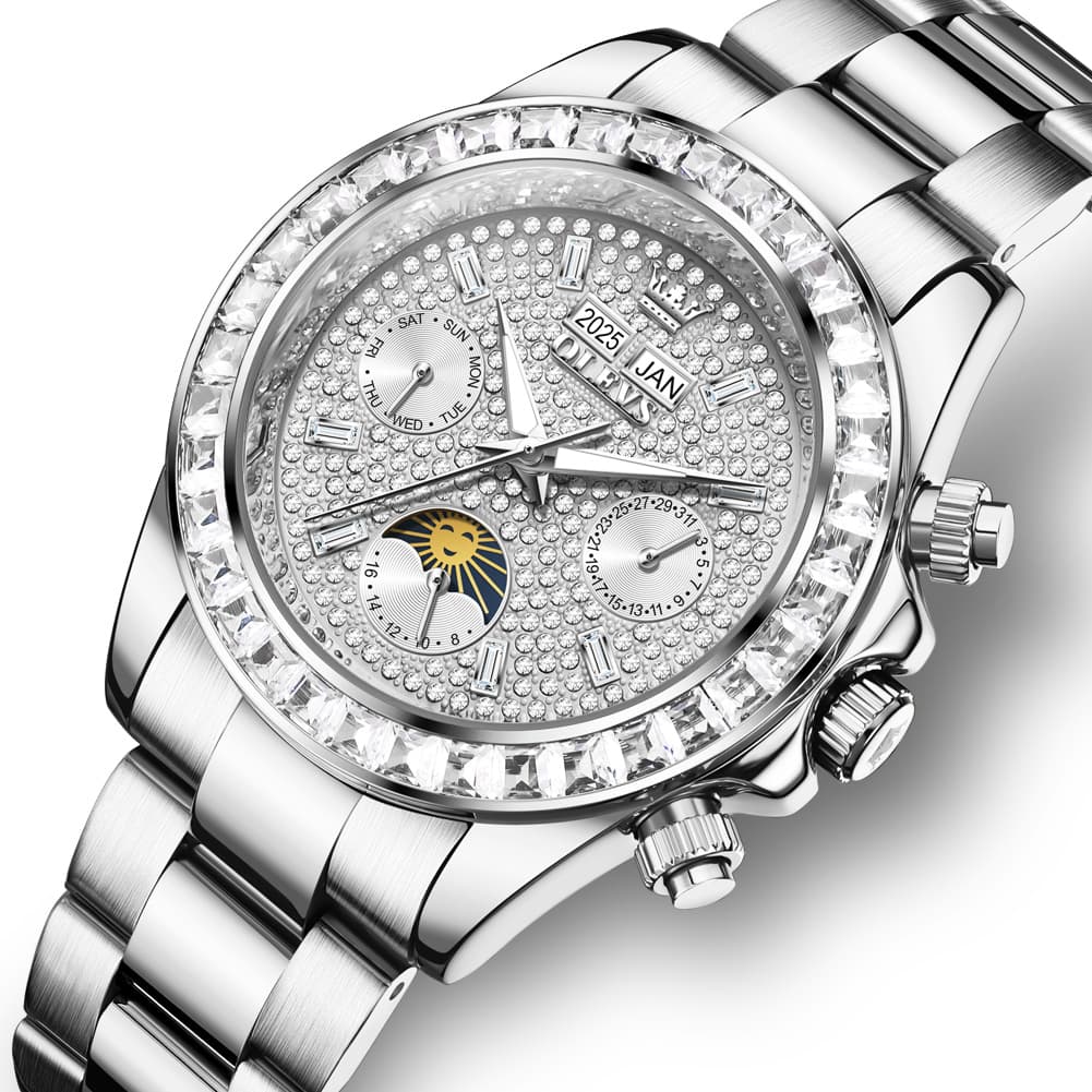 OLEVS 7038 Luxury Diamond Moon Phase Mechanical Watch For Men - All Silver Watch | Olevs Watch Store