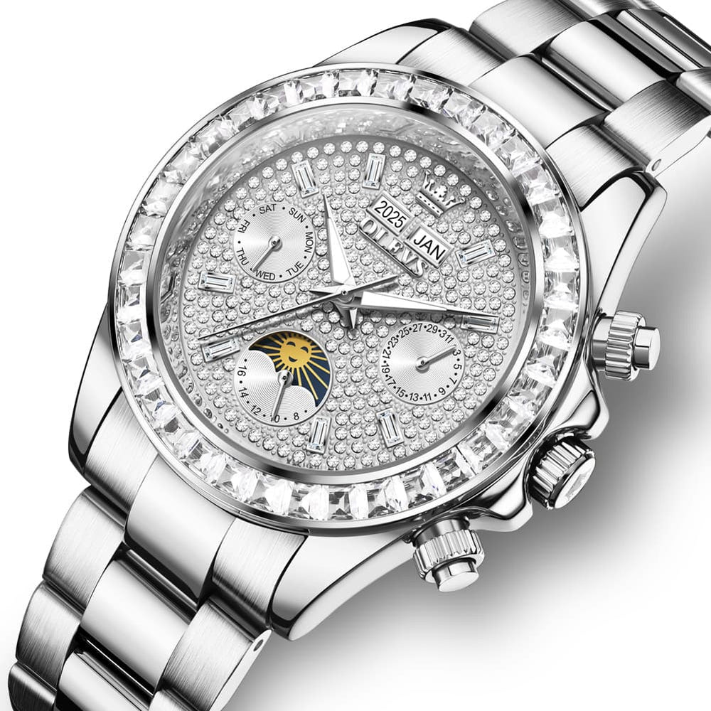 OLEVS 7038 Luxury Diamond Moon Phase Mechanical Watch For Men - All Silver Watch | Olevs Watch Store