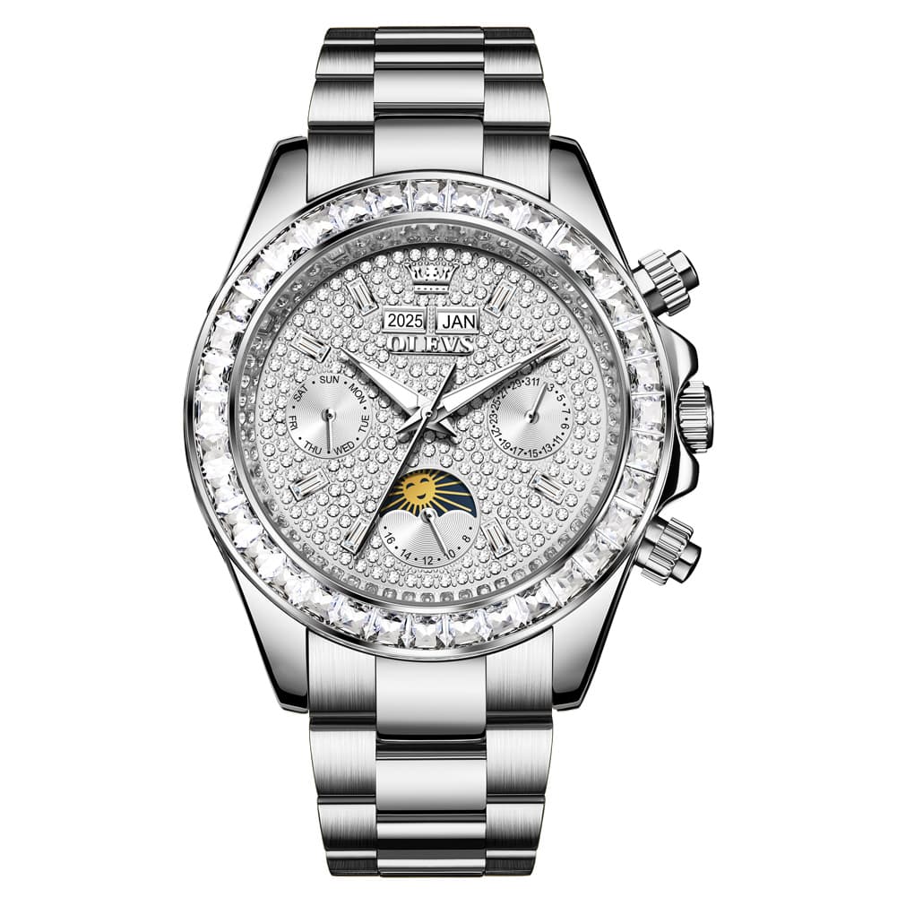 OLEVS 7038 Luxury Diamond Moon Phase Mechanical Watch For Men - All Silver Watch | Olevs Watch Store
