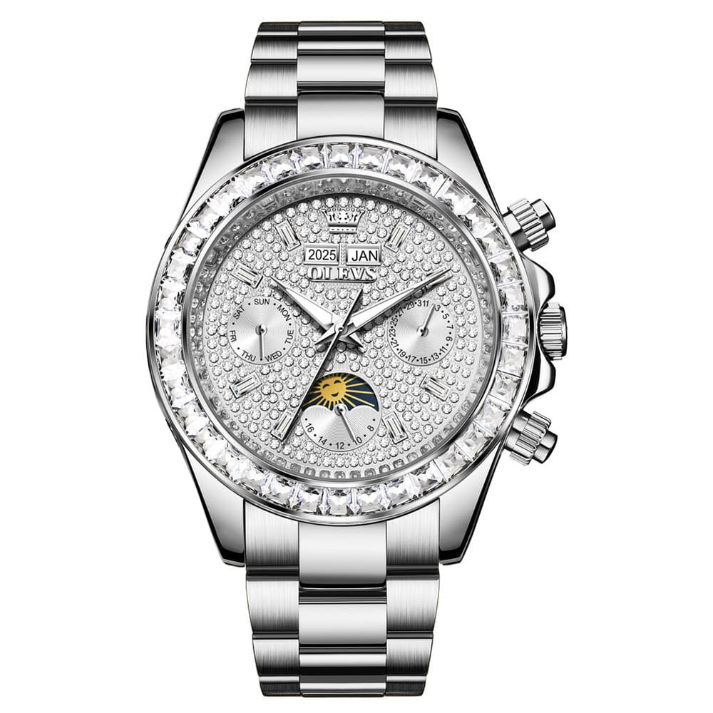 OLEVS 7038 Luxury Diamond Moon Phase Mechanical Watch For Men - All Silver Watch | Olevs Watch Store