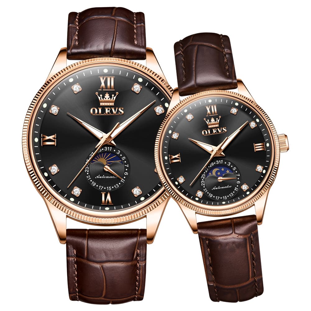 OLEVS 7039 Leather Moon Phase Couples Watch Set - Rose Gold Black Watch | Olevs Watch Store