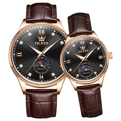 OLEVS 7039 Leather Moon Phase Couples Watch Set - Rose Gold Black Watch | Olevs Watch Store