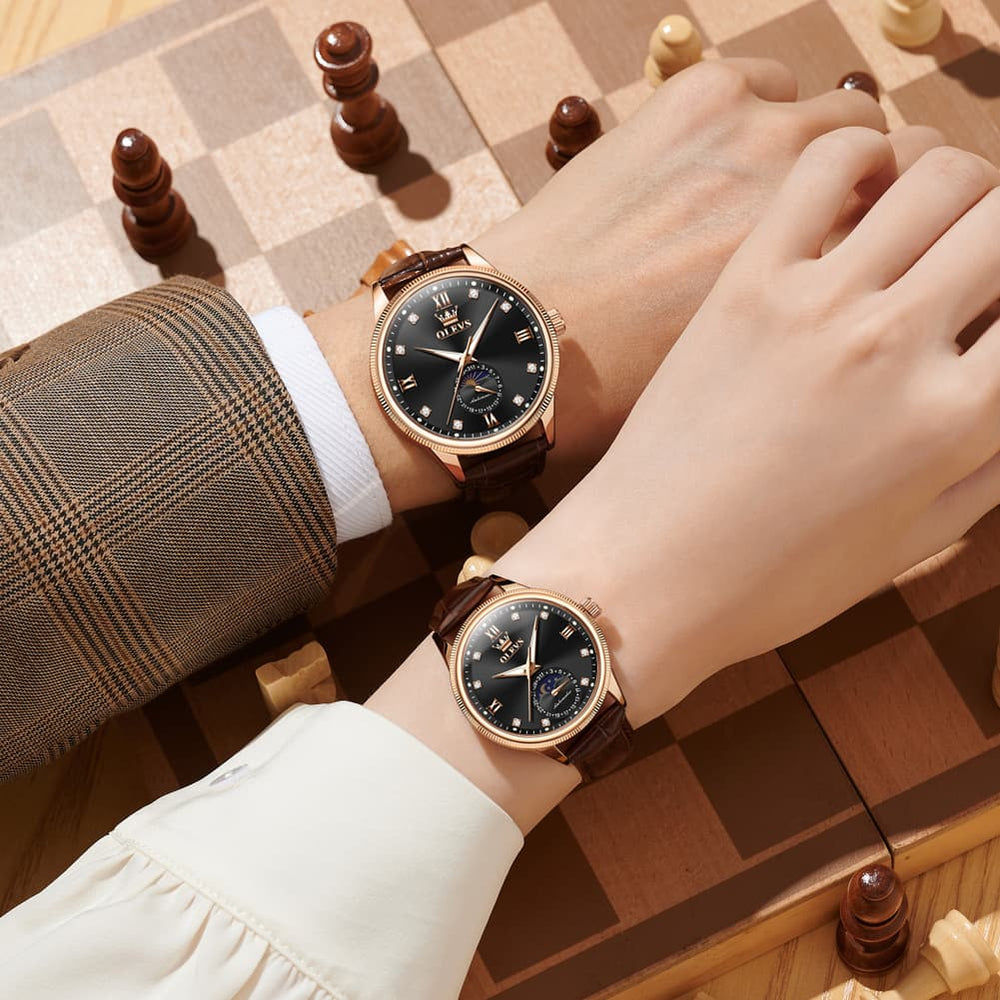 OLEVS 7039 Leather Moon Phase Couples Watch Set - Rose Gold White Watch | Olevs Watch Store