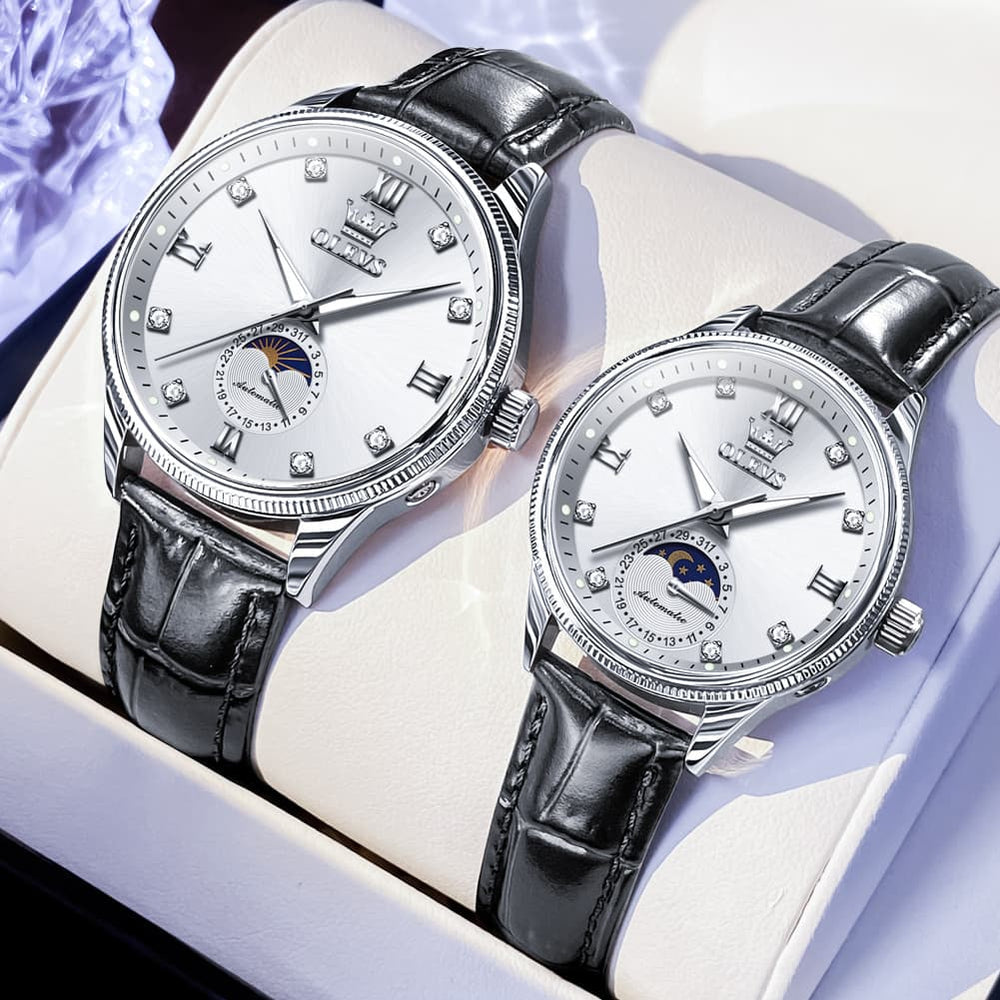 OLEVS 7039 Leather Moon Phase Couples Watch Set - Rose Gold White Watch | Olevs Watch Store
