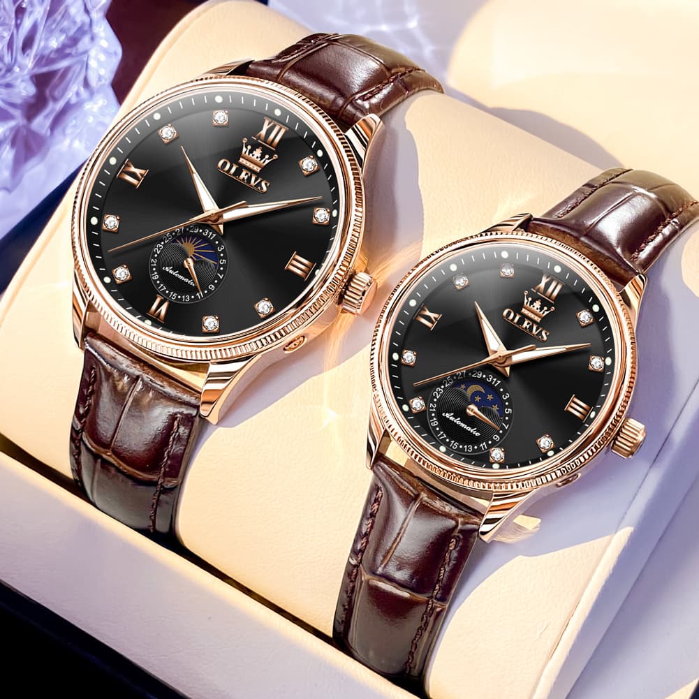 OLEVS 7039 Leather Moon Phase Couples Watch Set - Rose Gold White Watch | Olevs Watch Store