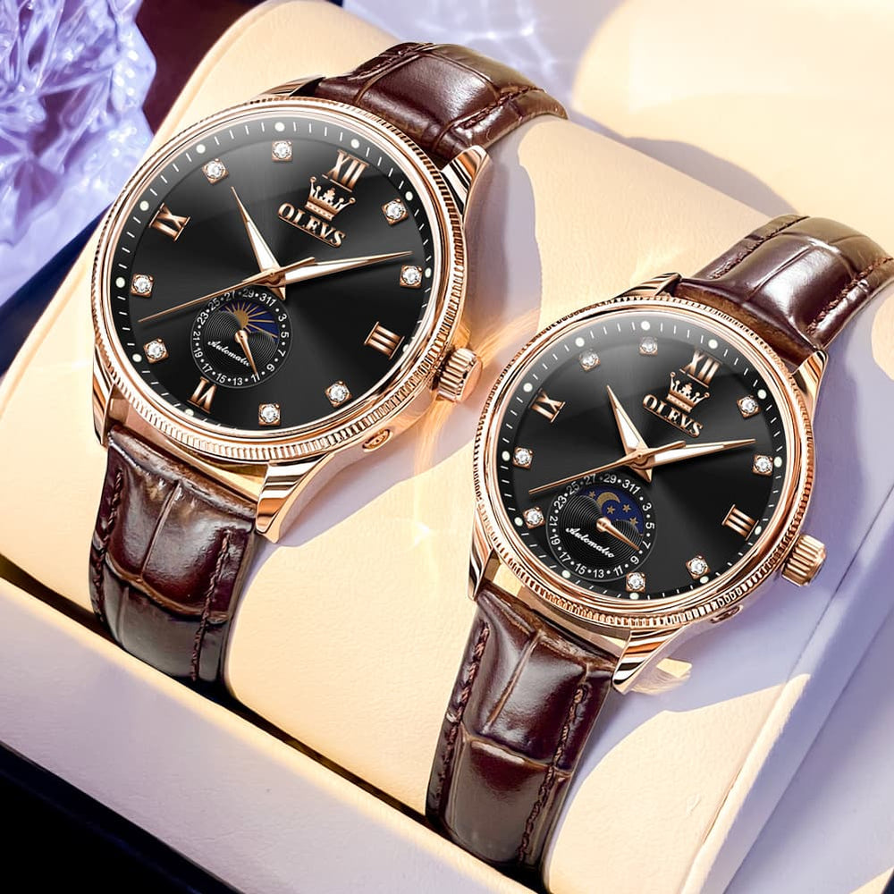 OLEVS 7039 Leather Moon Phase Couples Watch Set - Rose Gold White Watch | Olevs Watch Store