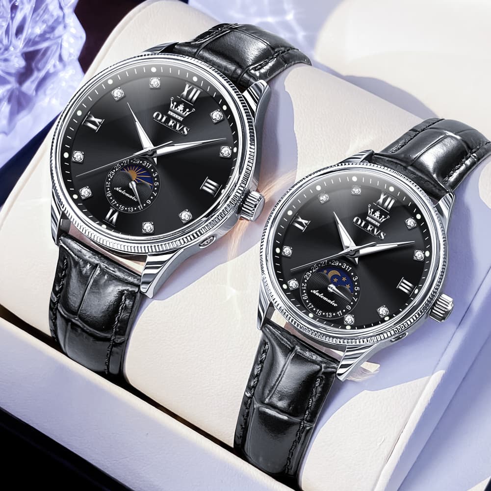 OLEVS 7039 Leather Moon Phase Couples Watch Set - Rose Gold White Watch | Olevs Watch Store