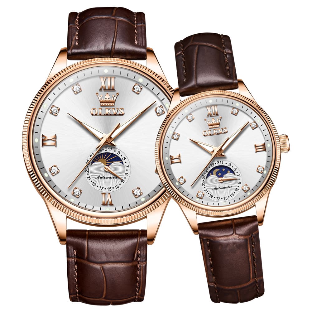 OLEVS 7039 Leather Moon Phase Couples Watch Set - Rose Gold White Watch | Olevs Watch Store