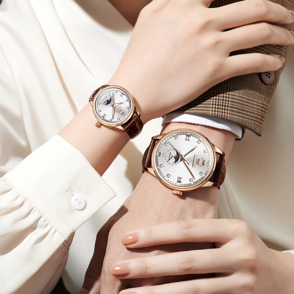 OLEVS 7039 Leather Moon Phase Couples Watch Set - Rose Gold White Watch | Olevs Watch Store