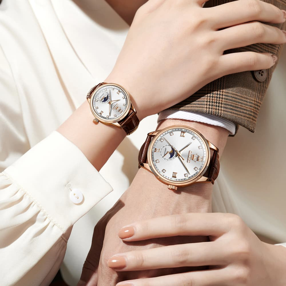 OLEVS 7039 Leather Moon Phase Couples Watch Set - Rose Gold White Watch | Olevs Watch Store