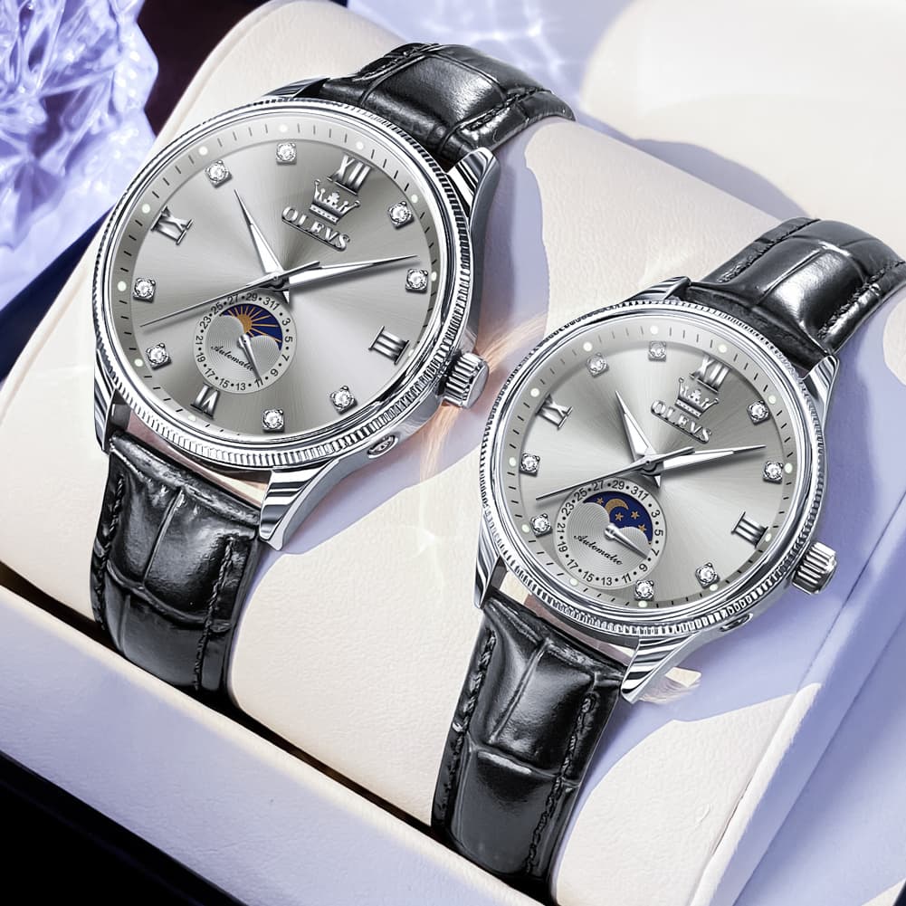 OLEVS 7039 Leather Moon Phase Couples Watch Set - Rose Gold White Watch | Olevs Watch Store