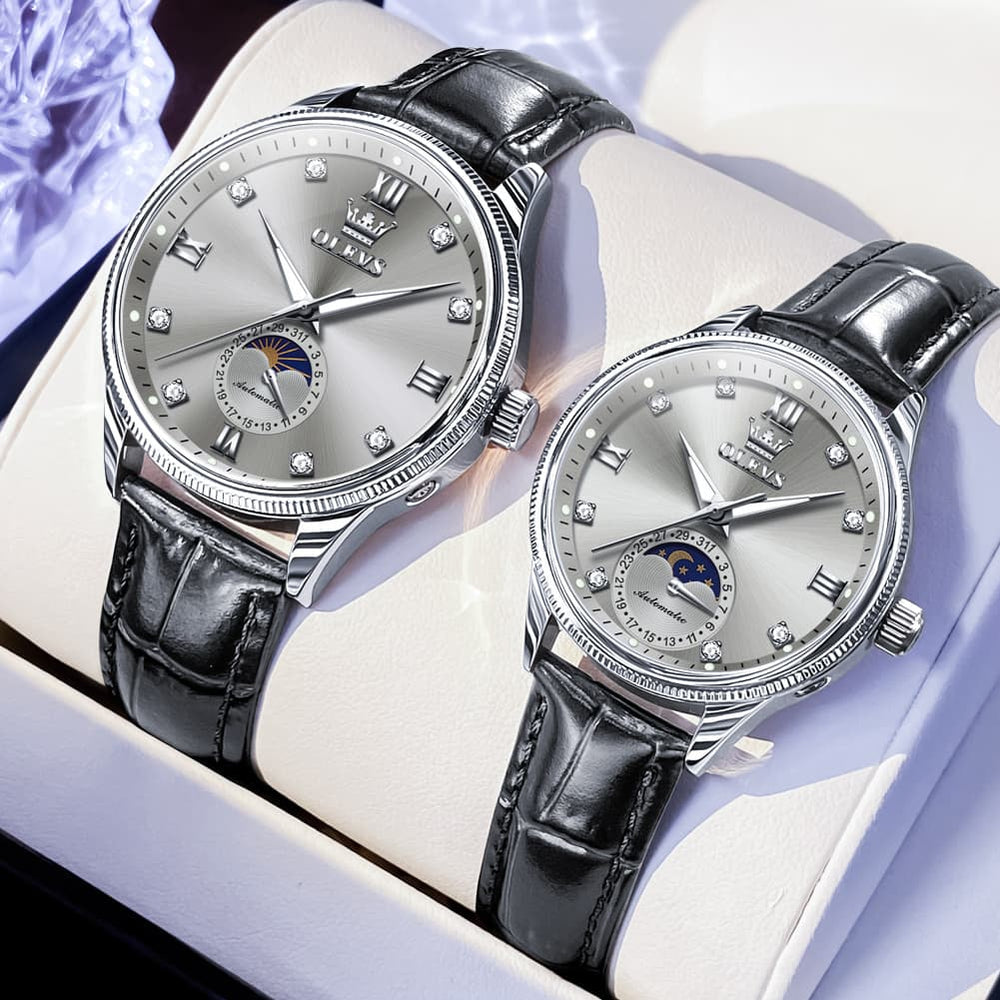 OLEVS 7039 Leather Moon Phase Couples Watch Set - Rose Gold White Watch | Olevs Watch Store