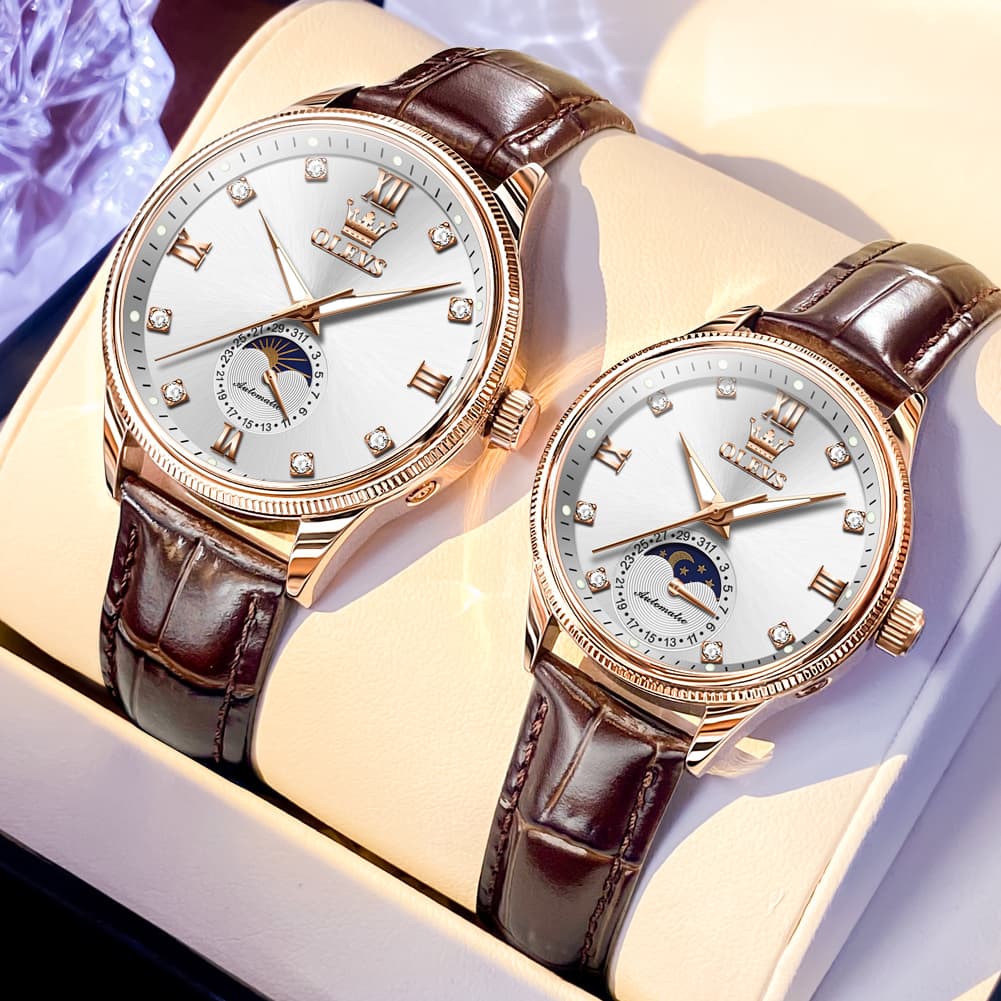 OLEVS 7039 Leather Moon Phase Couples Watch Set - Rose Gold White Watch | Olevs Watch Store