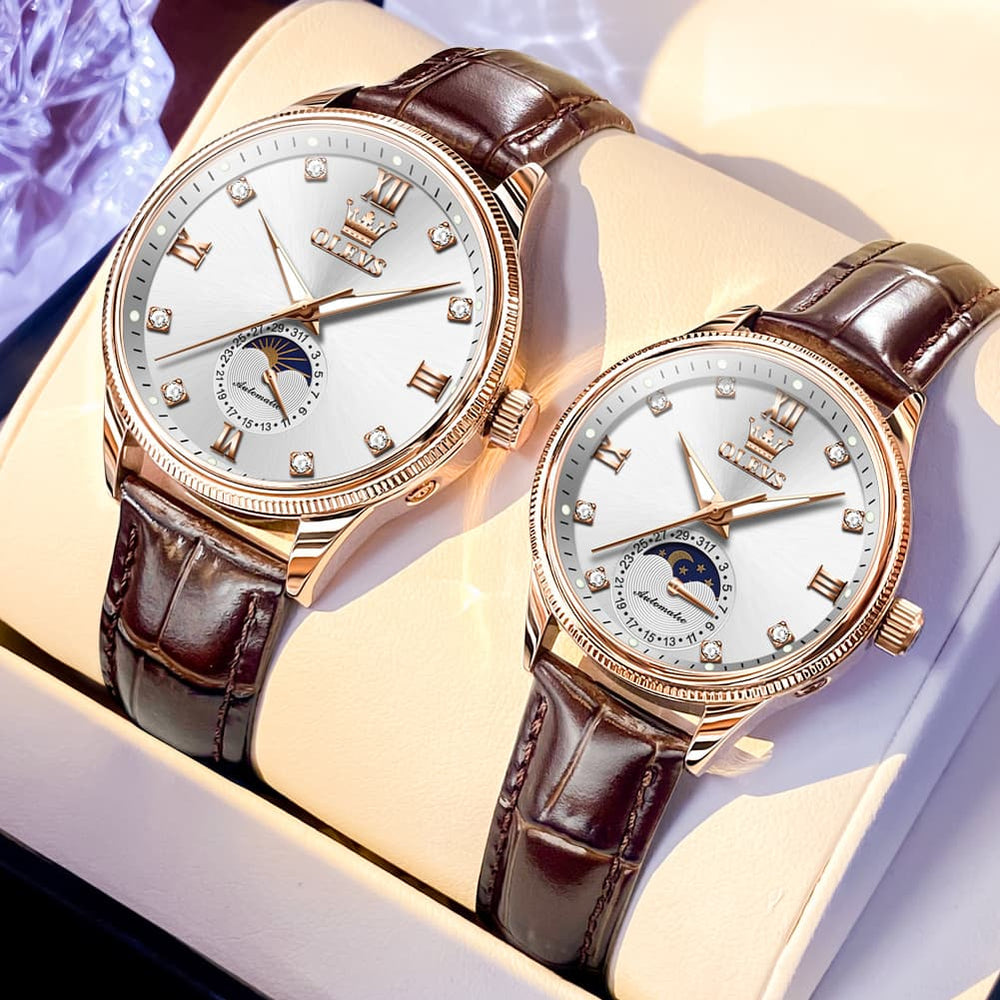 OLEVS 7039 Leather Moon Phase Couples Watch Set - Rose Gold White Watch | Olevs Watch Store
