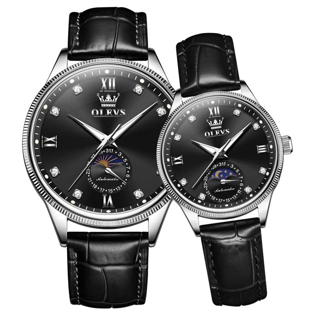 OLEVS 7039 Leather Moon Phase Couples Watch Set - Silver Black Watch | Olevs Watch Store