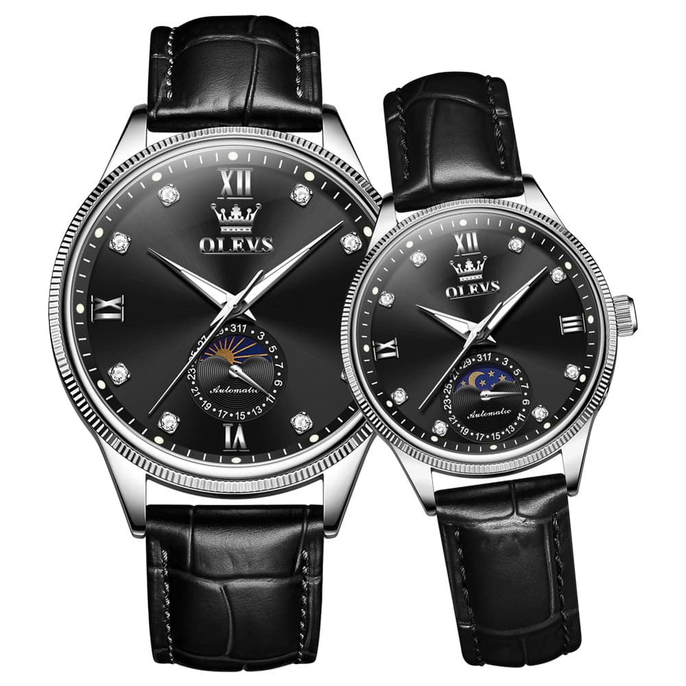 OLEVS 7039 Leather Moon Phase Couples Watch Set - Silver Black Watch | Olevs Watch Store