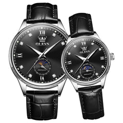 OLEVS 7039 Leather Moon Phase Couples Watch Set - Silver Black Watch | Olevs Watch Store