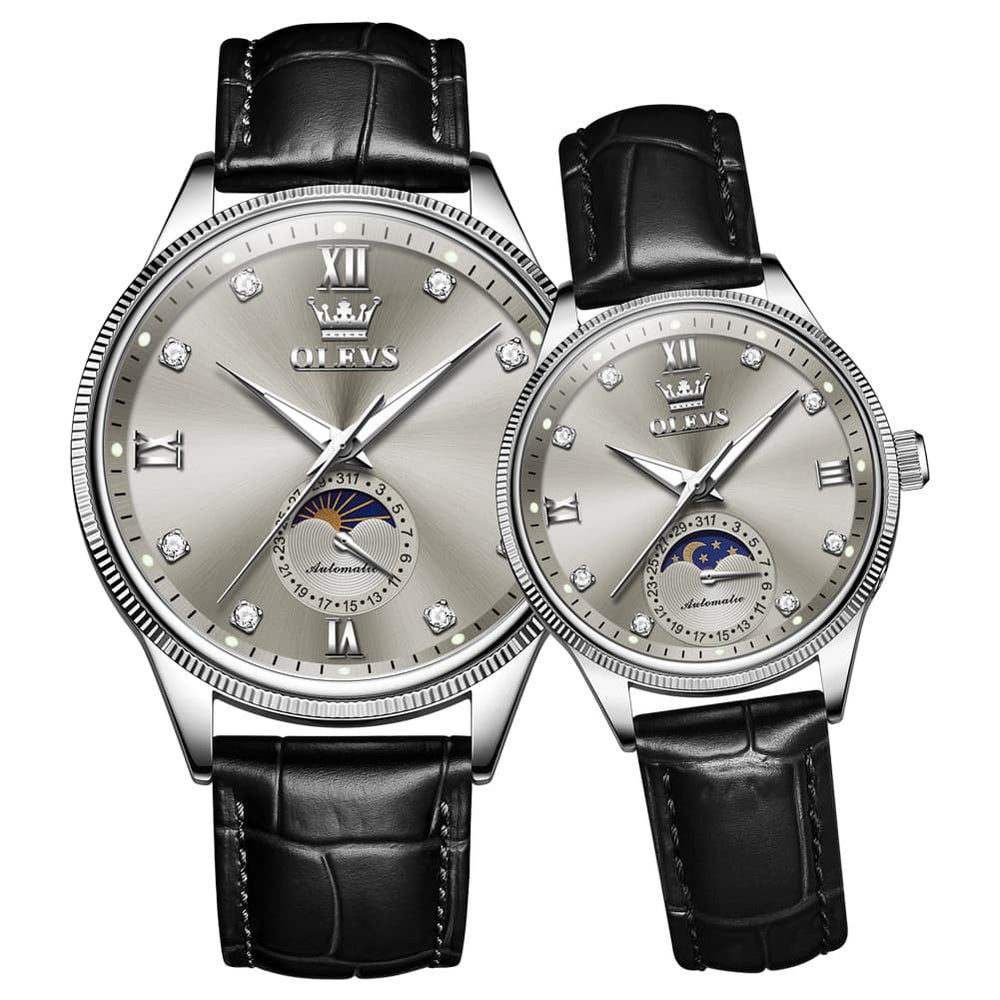 OLEVS 7039 Leather Moon Phase Couples Watch Set - Silver Grey Watch | Olevs Watch Store