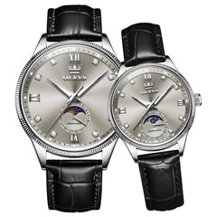 OLEVS 7039 Leather Moon Phase Couples Watch Set - Silver Grey Watch | Olevs Watch Store