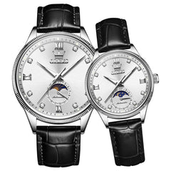 OLEVS 7039 Leather Moon Phase Couples Watch Set - Silver White Watch | Olevs Watch Store