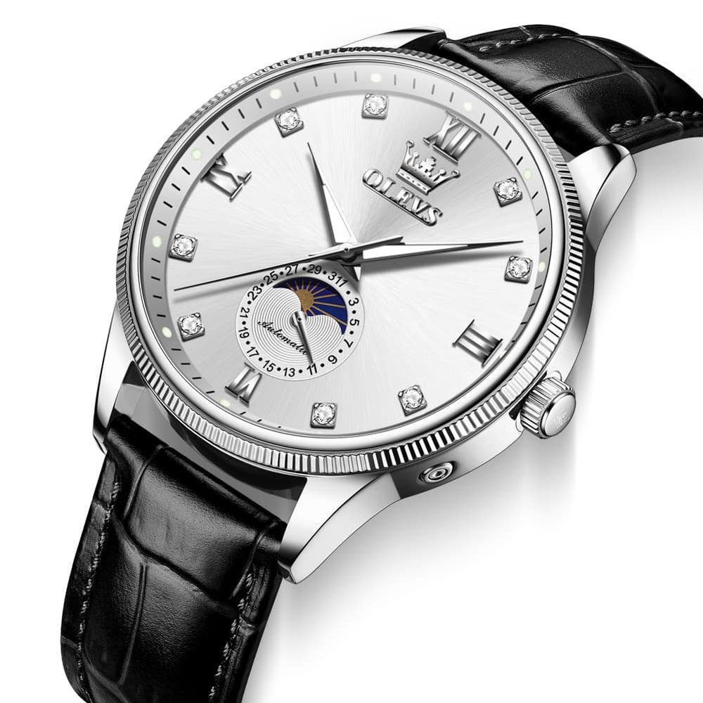 OLEVS 7039 Leather Moon Phase Mechanical Watch For Men - Rose Gold Black Watch | Olevs Watch Store