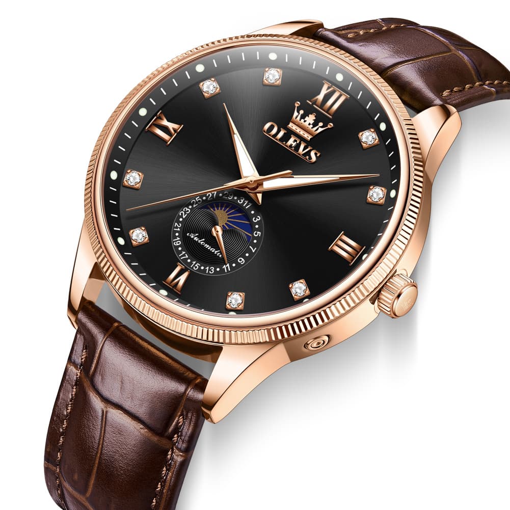 OLEVS 7039 Leather Moon Phase Mechanical Watch For Men - Rose Gold Black Watch | Olevs Watch Store